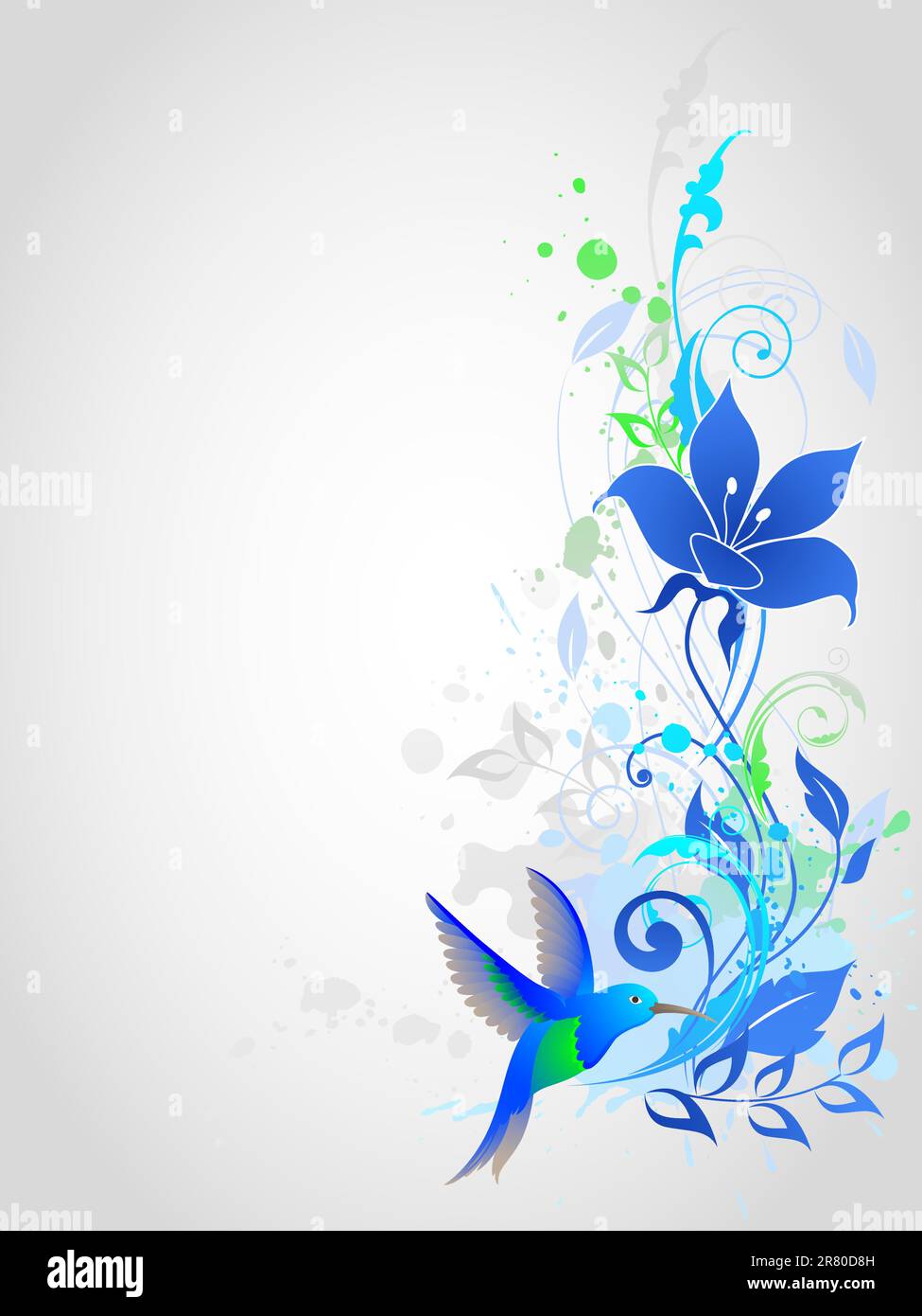 Blu sfondo vettoriale con ornamenti floreali e colibrì Illustrazione Vettoriale