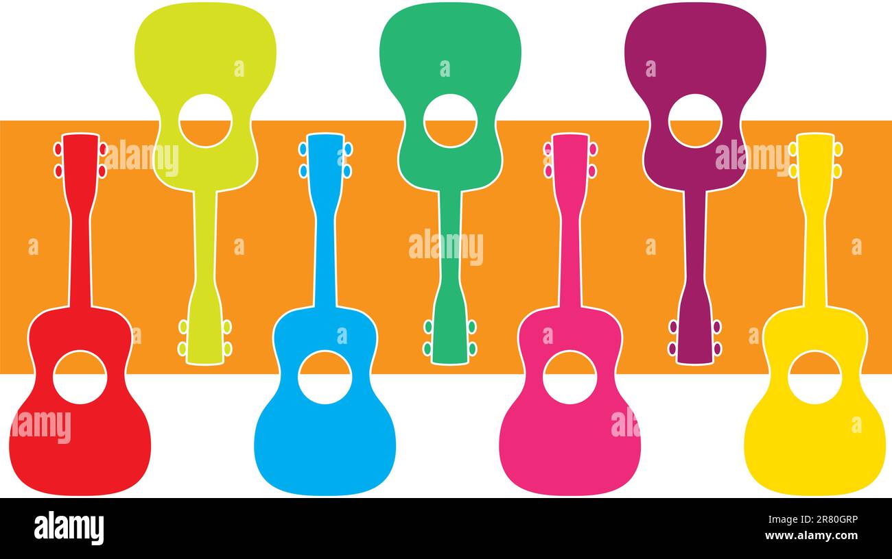 Un'esposizione di ukulele dai colori vivaci, giustapposte su uno sfondo di colore zucca. Illustrazione Vettoriale