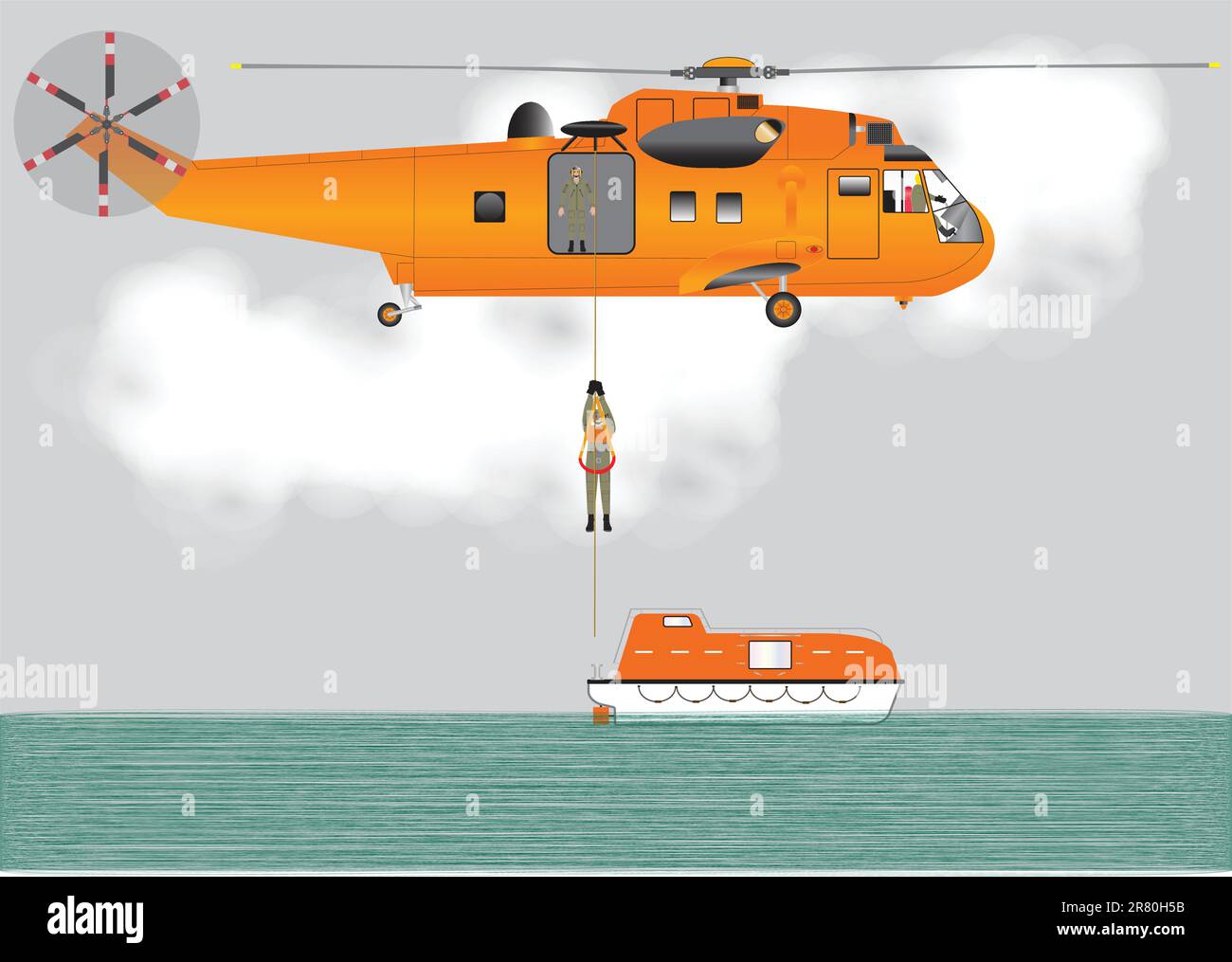 Un elicottero Orange Search and Rescue che abbassa un Crewman su una scialuppa di salvataggio Illustrazione Vettoriale