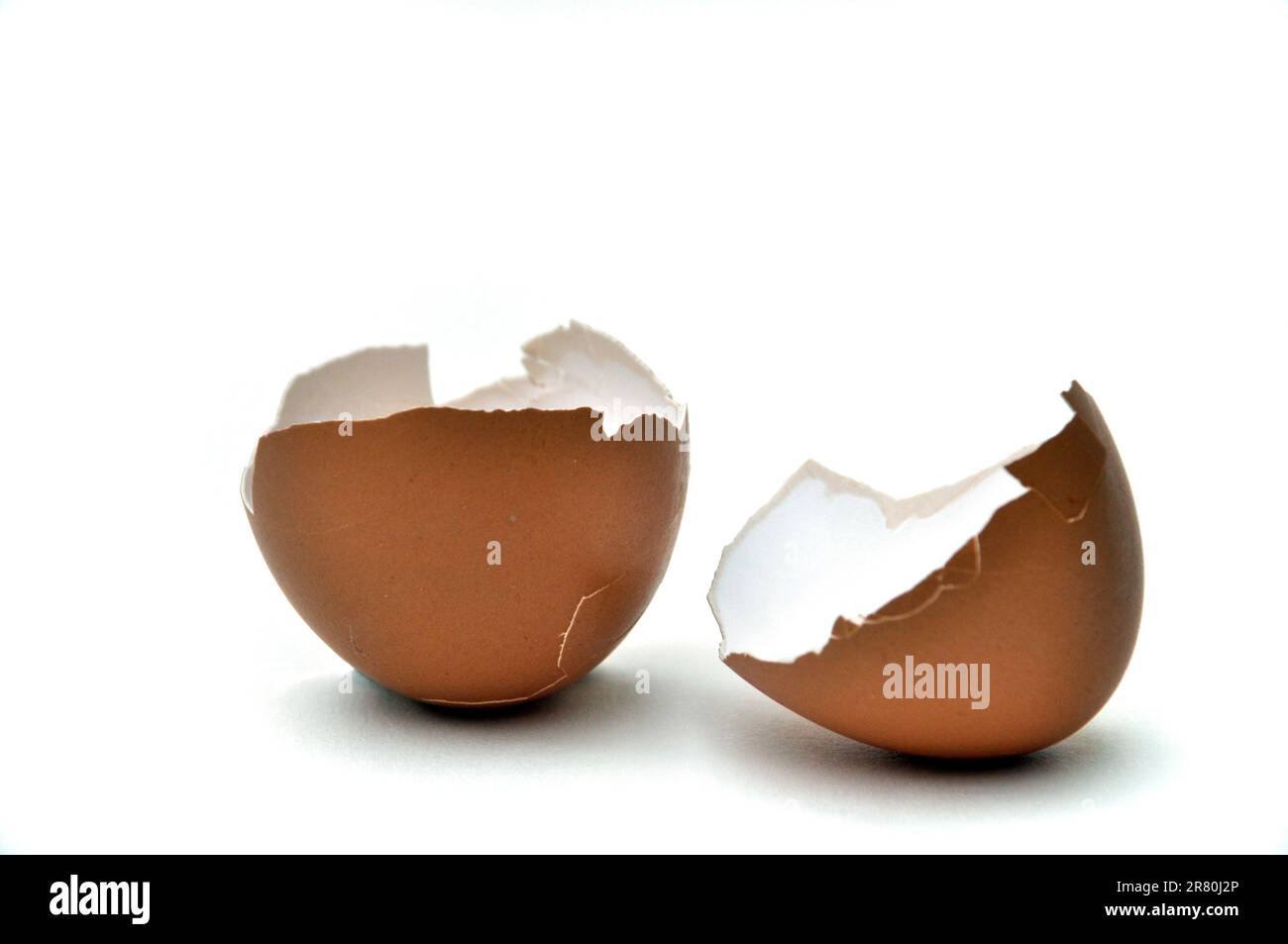 Un primo piano di due semigusci d'uovo di pollo spezzati, su sfondo bianco isolato. Foto Stock