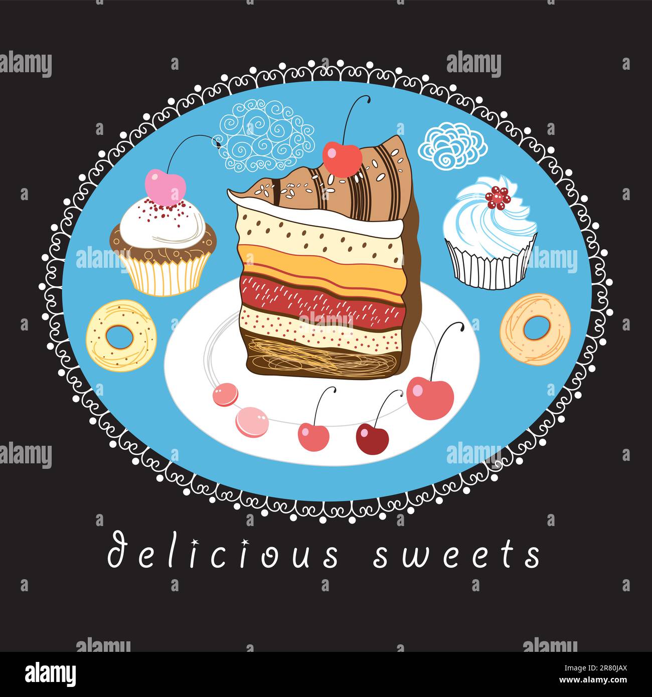 torte grafiche e altri dolci su sfondo nero Illustrazione Vettoriale