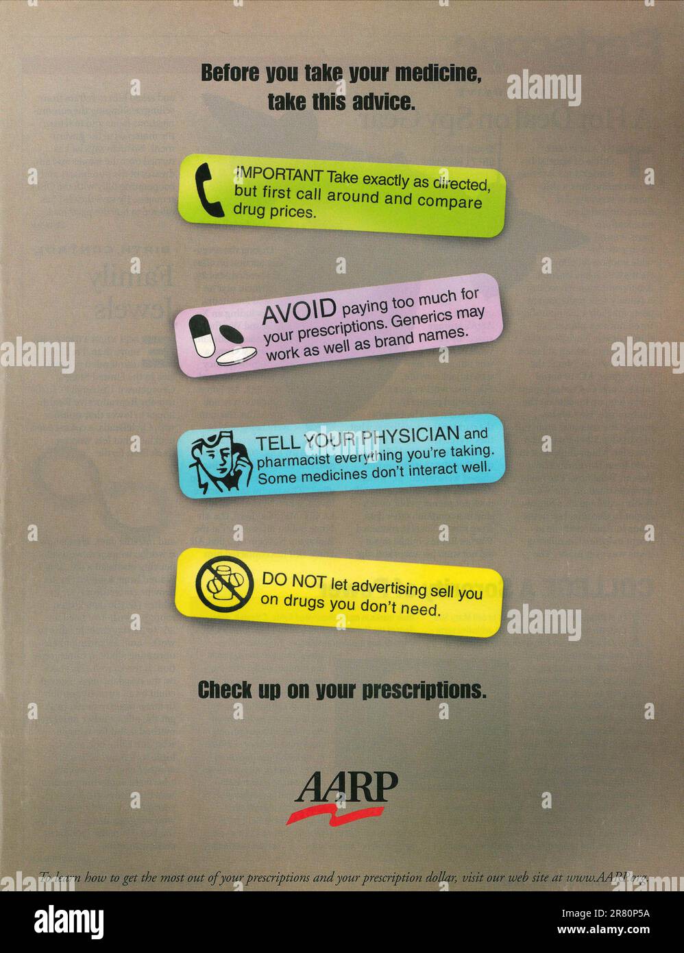 AARP organizzazione no-profit - Medicina, sanità per anziani annuncio in una rivista giugno 2002 Foto Stock