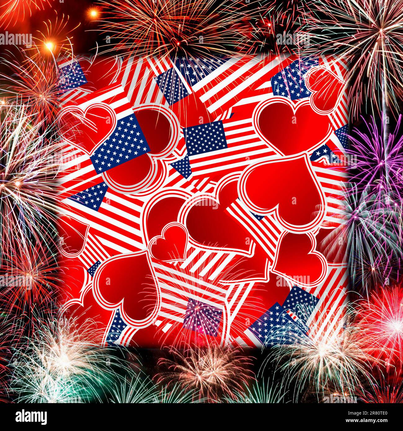 Bandiera degli Stati Uniti su sfondo fuochi d'artificio. 4th luglio Independence Day, Patriotic Holiday, Celebration Concept Foto Stock