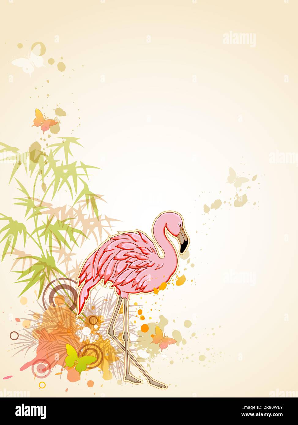 Sfondo vettoriale con fenicottero rosa e farfalle Illustrazione Vettoriale