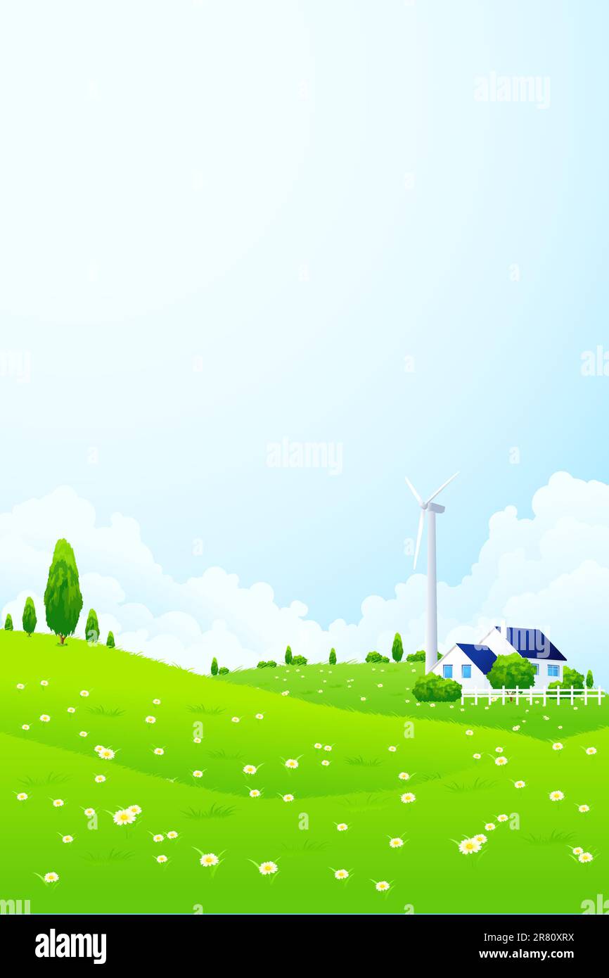 Vettore verde paesaggio con fiori casa erba di nuvole e vento power station Illustrazione Vettoriale