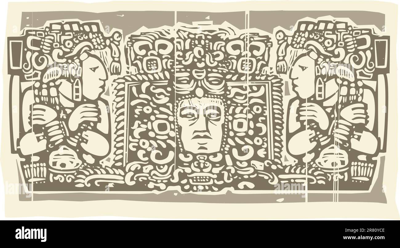 Immagine del trittico maya in legno con preti. Illustrazione Vettoriale