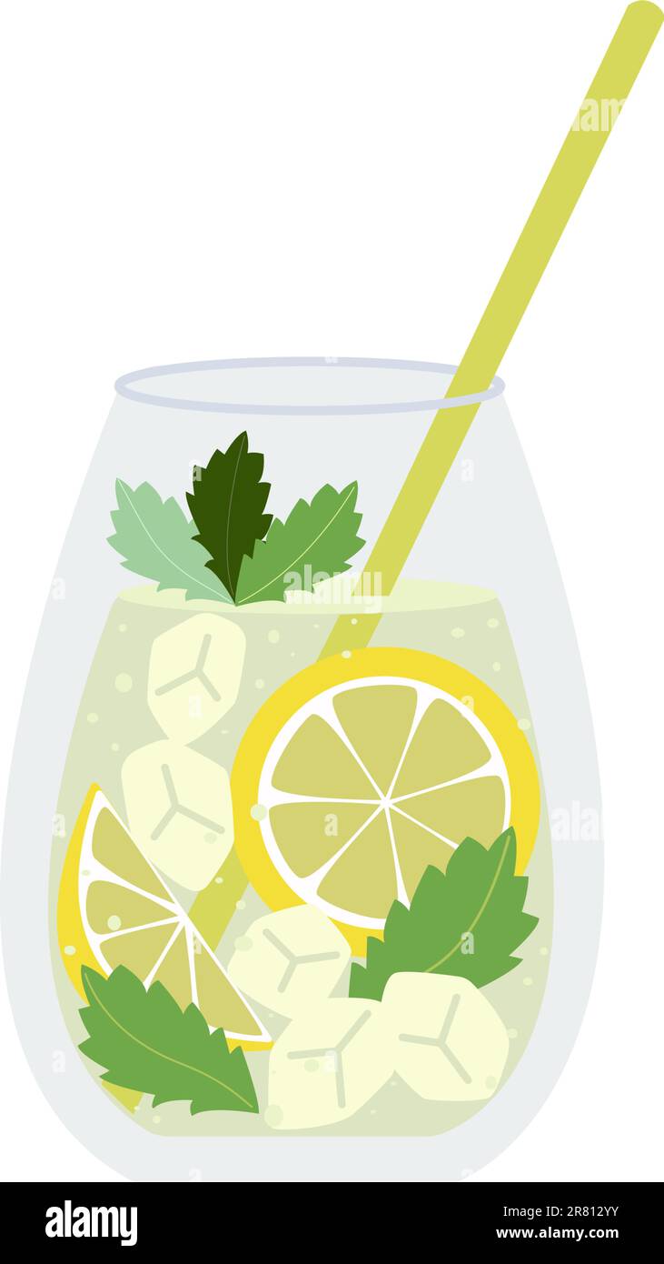 Limonata. Bevanda rinfrescante con limone, ghiaccio e menta. Illustrazione vettoriale. Illustrazione Vettoriale