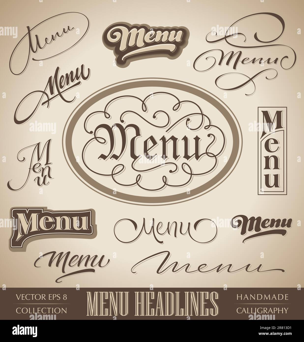 set di 12 titoli di menu scritti a mano - calligrafia fatta a mano; illustrazione vettoriale (eps8) Illustrazione Vettoriale