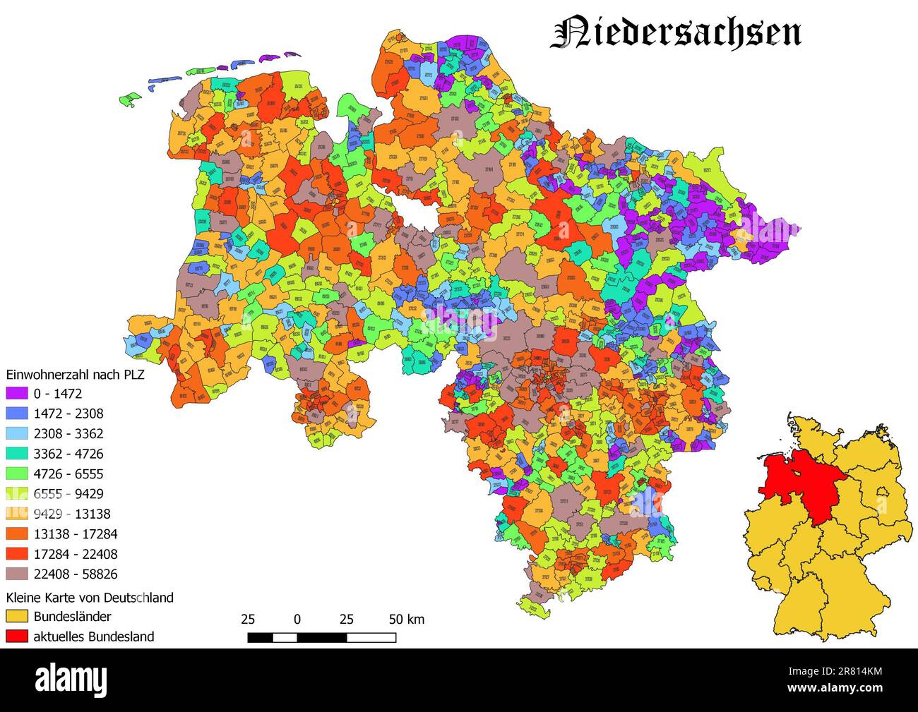 Stato federale Niedersachsen popolazione per codice postale mappa con la Germania mappa Foto Stock