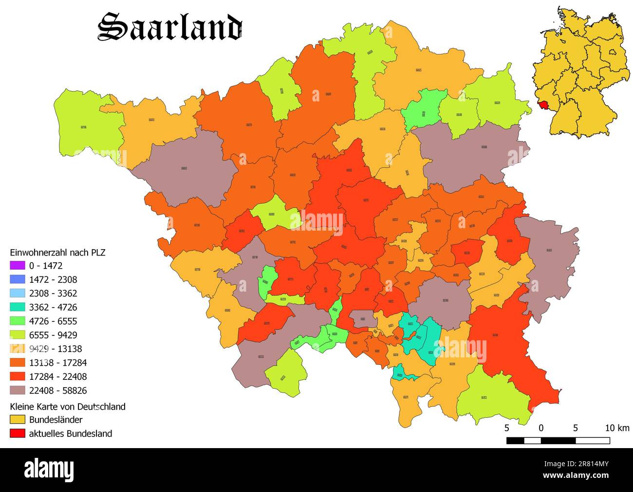 Stato federale Saarland popolazione per codice postale mappa con la Germania mappa Foto Stock