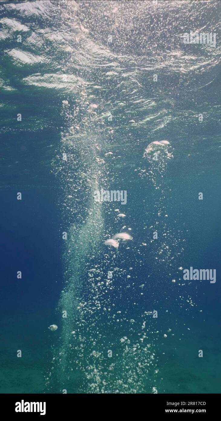 Il movimento delle bolle d'aria sale fino alla superficie in acqua blu. Raggi di sole e bolle sott'acqua, Mar Rosso, Egitto Foto Stock