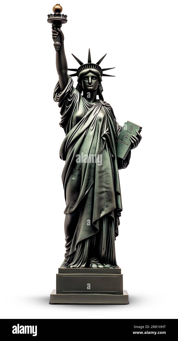 L'iconica Statua della libertà è orgogliosa di essere su uno sfondo bianco pulito, offrendo un contrasto visivo forte e di impatto Foto Stock