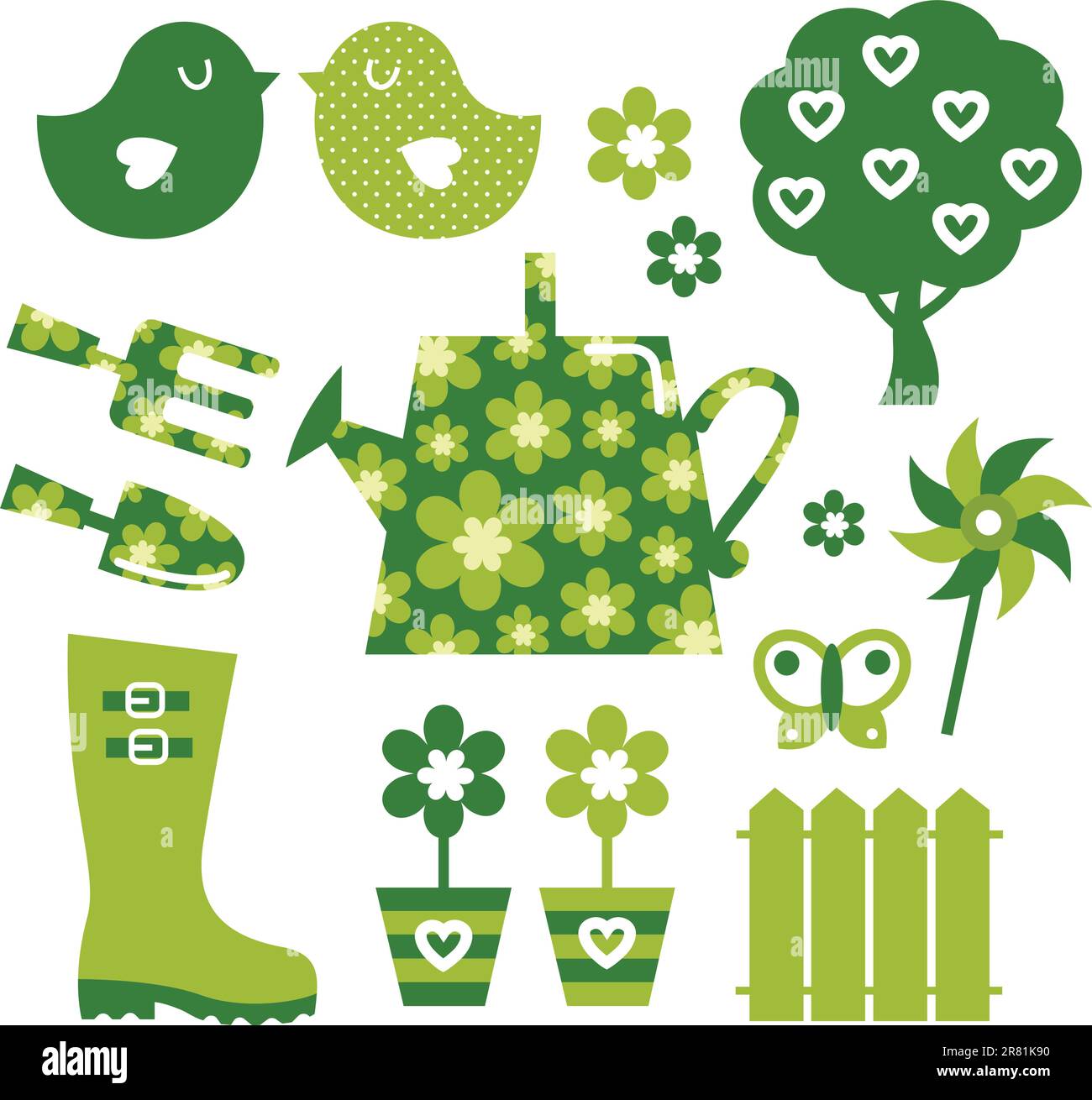 Elementi di design del giardino isolati su bianco. Vettore Illustrazione Vettoriale