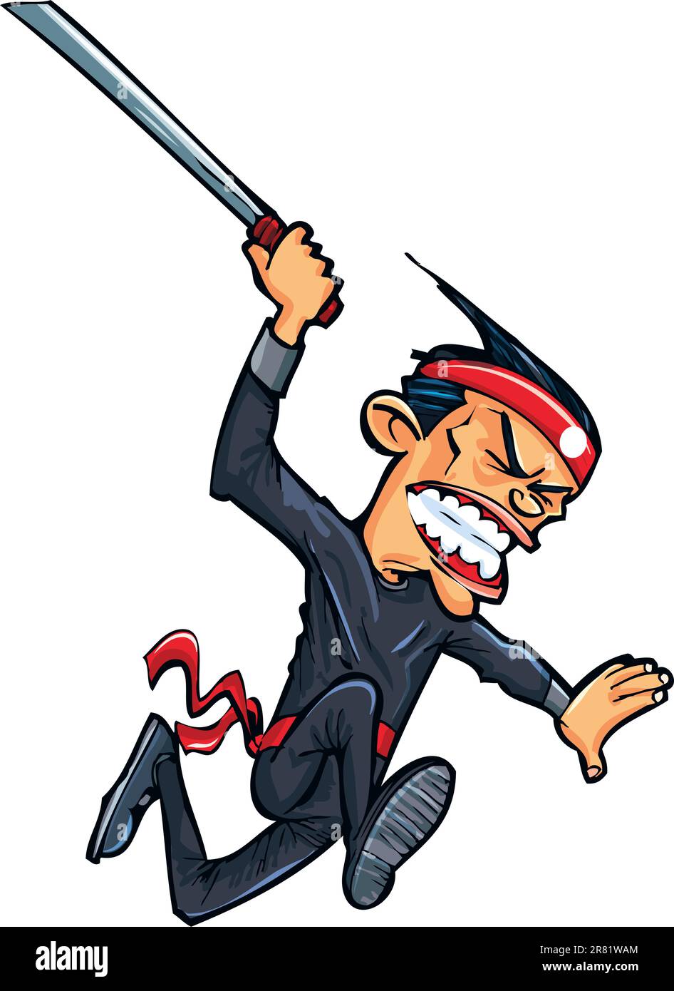 Uomo orientale dei cartoni animati che attacca con la spada. Isolato su bianco Illustrazione Vettoriale