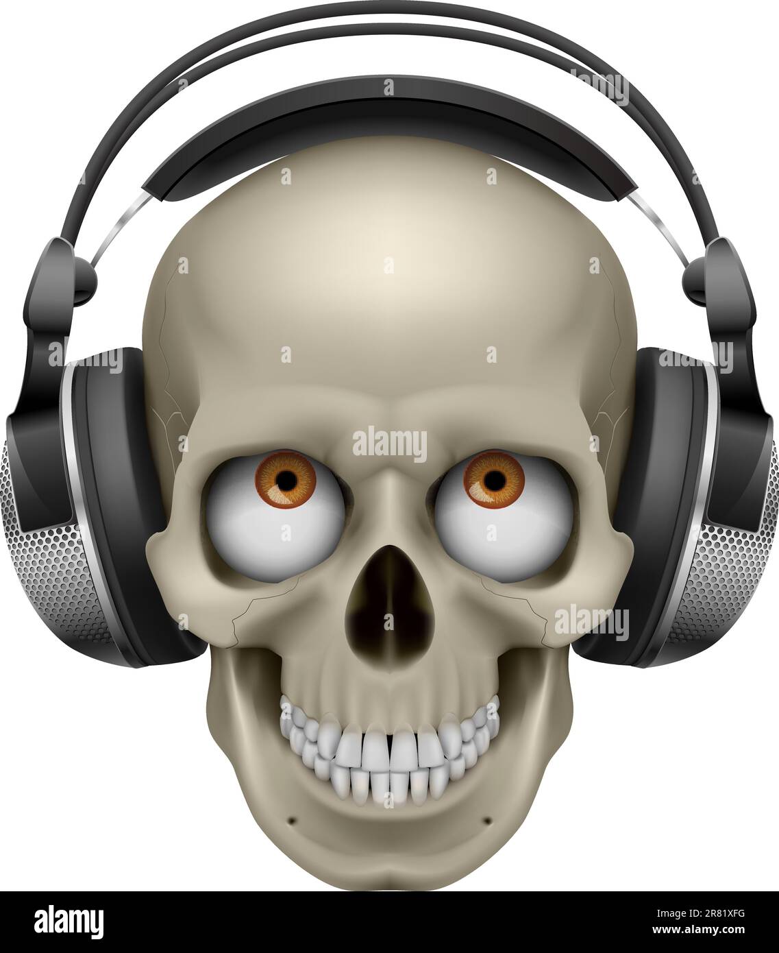 Cranio umano con occhio e cuffie per musica. Illustrazione su bianco Illustrazione Vettoriale