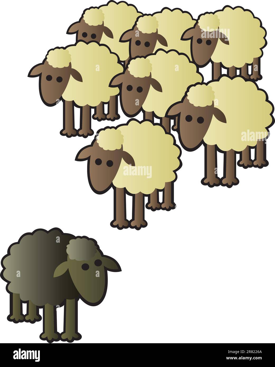 Una pecora nera che viene evitata dal resto del gregge per essere diversa. Illustrazione Vettoriale