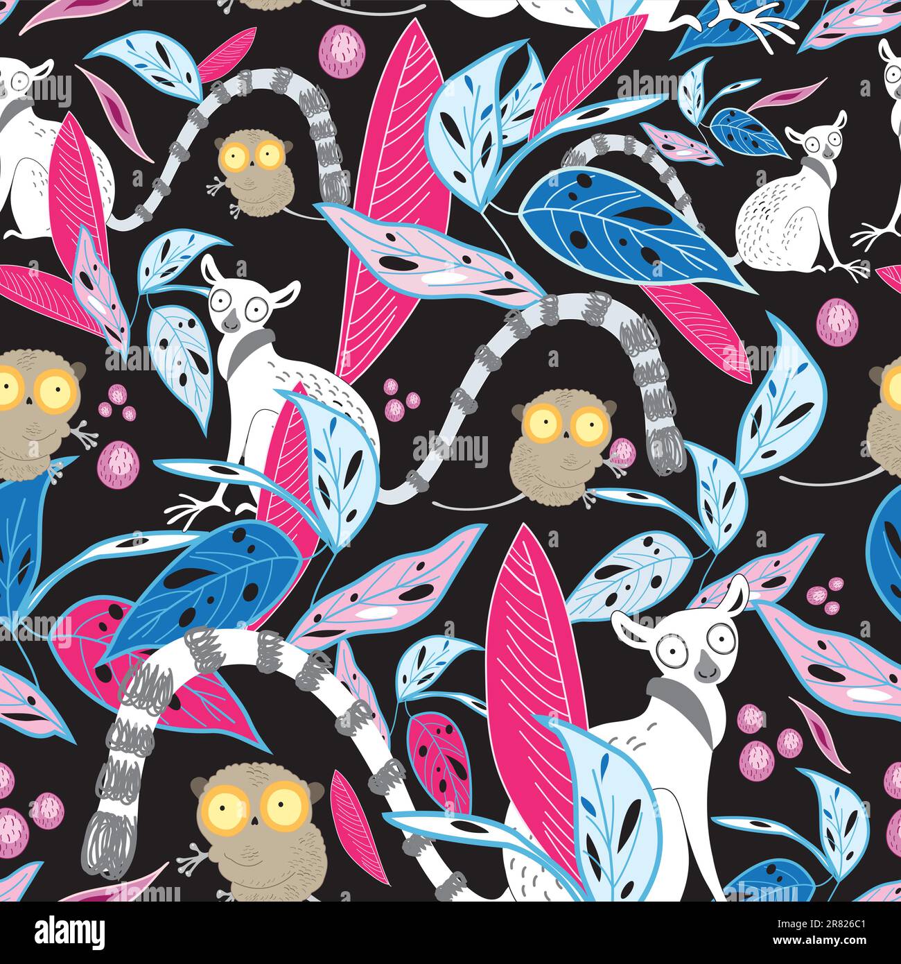 motivo floreale senza cuciture di foglie e lemuri su sfondo nero Illustrazione Vettoriale