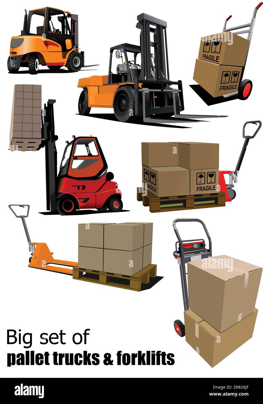 Grandi serie di carrelli elevatori a forca e carrelli per pallet illustrazione vettoriale Illustrazione Vettoriale