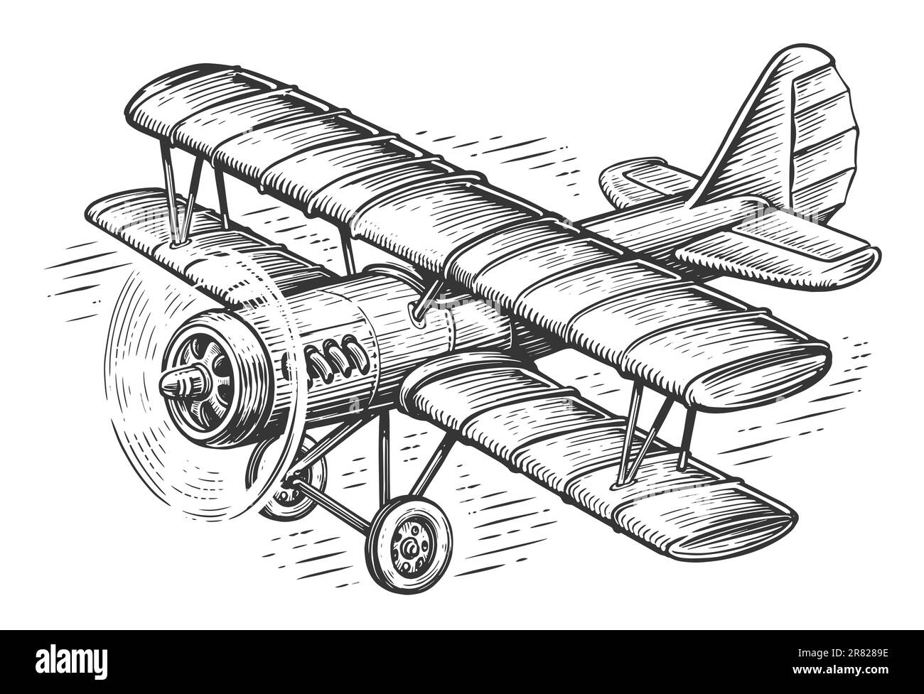 Aereo retrò che vola nel cielo. Schema biplanare con motore a pistoni. Illustrazione del trasporto vintage Foto Stock