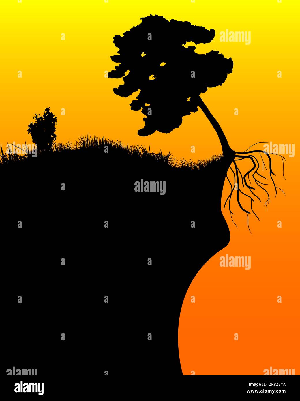 silhouette nera di un albero su una scogliera su sfondo arancione Illustrazione Vettoriale