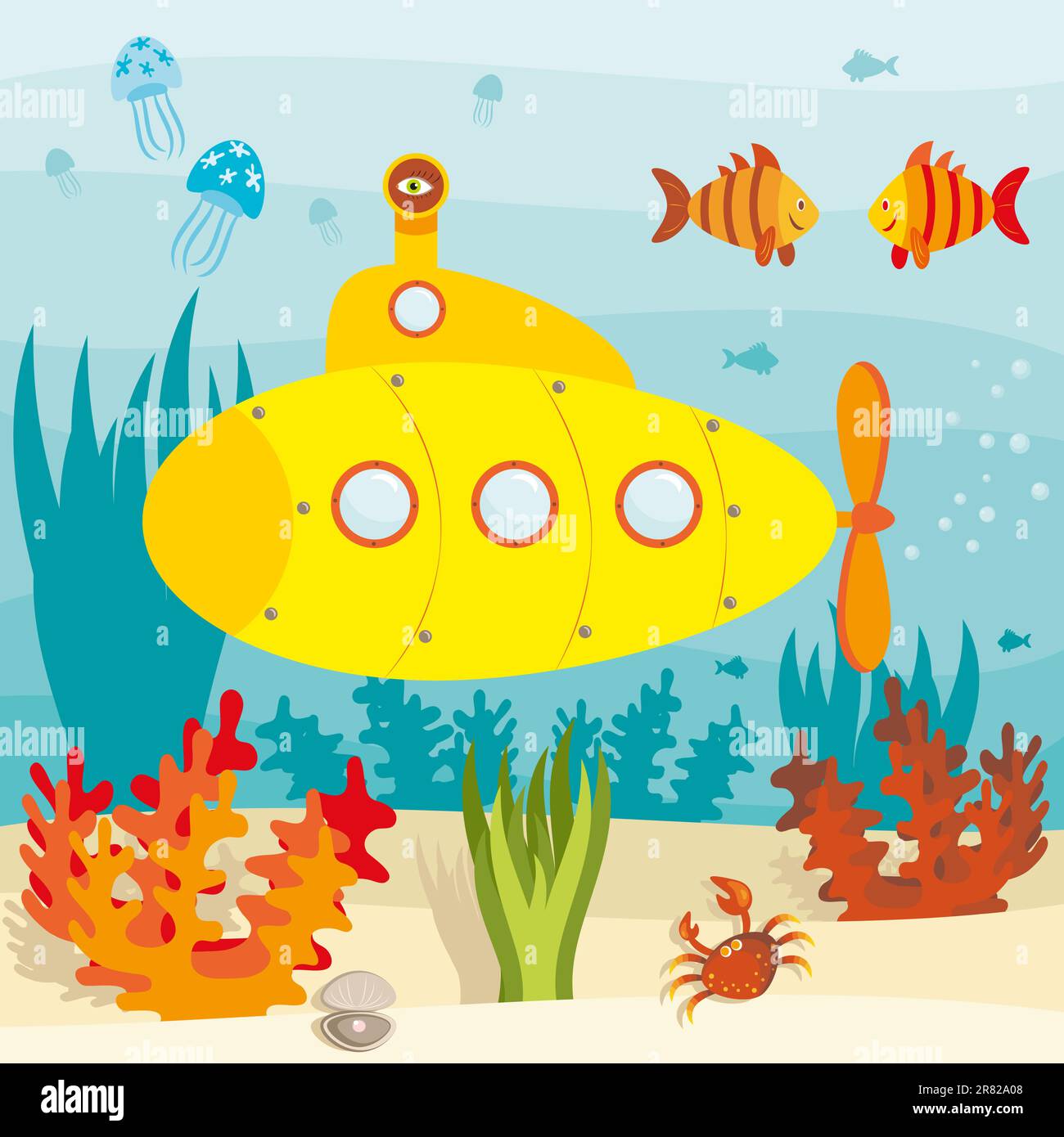 L'illustrazione vettoriale del sottomarino cartoon indaga sull'oceano Illustrazione Vettoriale