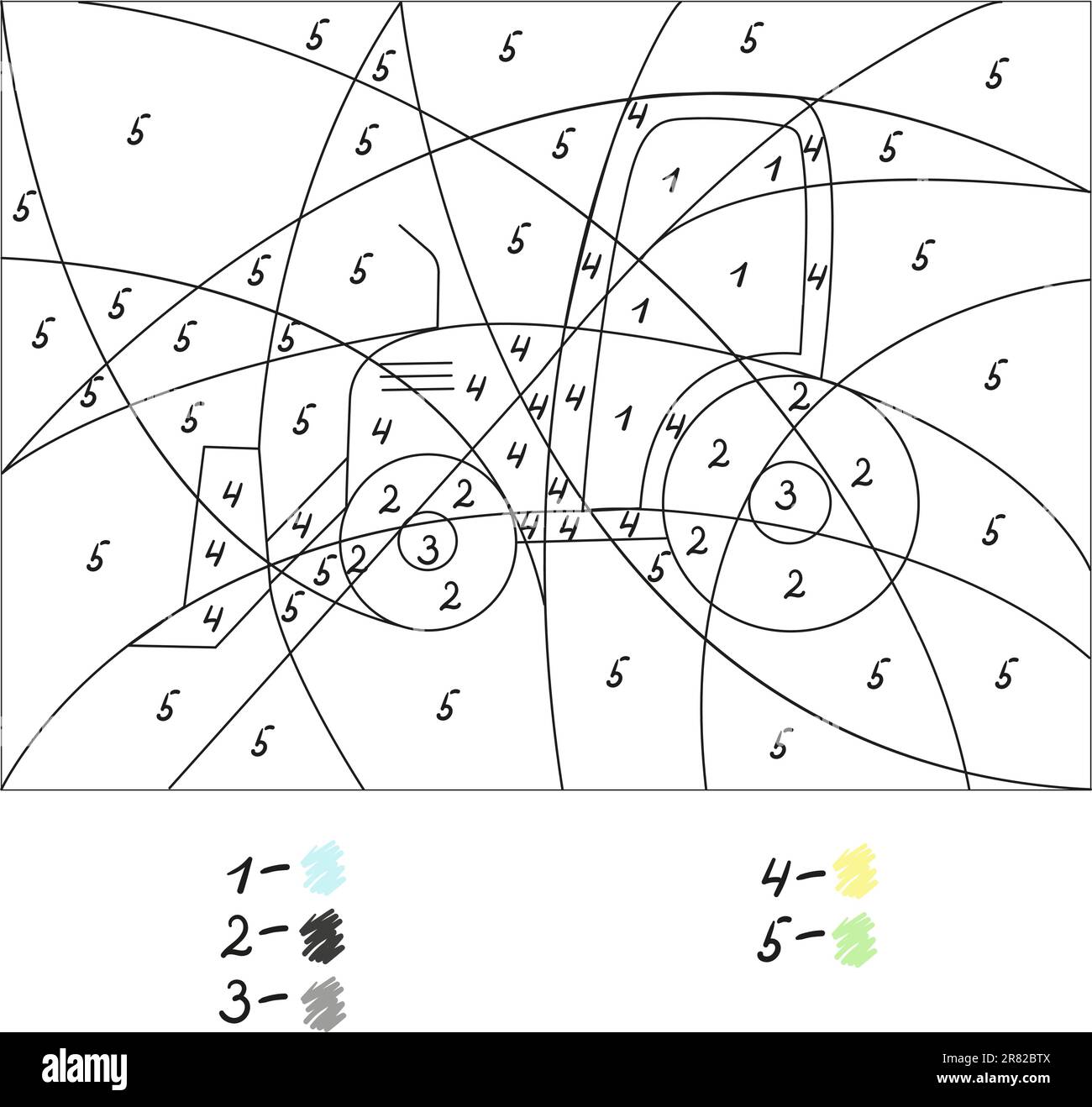 Colore del gioco per numero, trattore. Divertente libro educativo da colorare per i bambini. Illustrazione Vettoriale