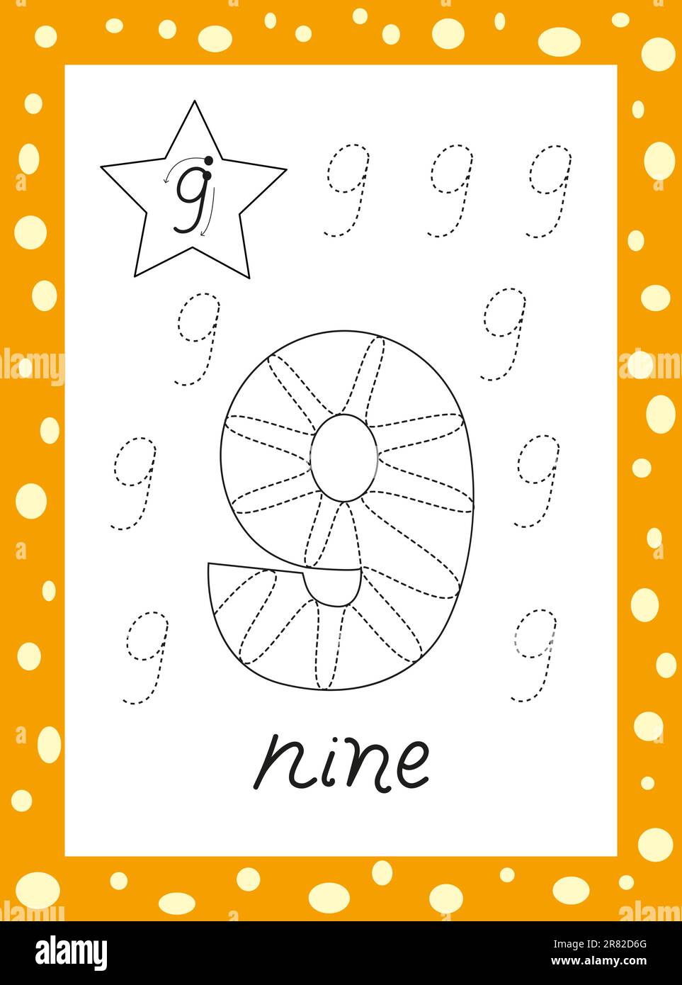 numeri da colorare per bambini. Numeri arabi disegnati a mano da uno a nove. Illustrazione Vettoriale