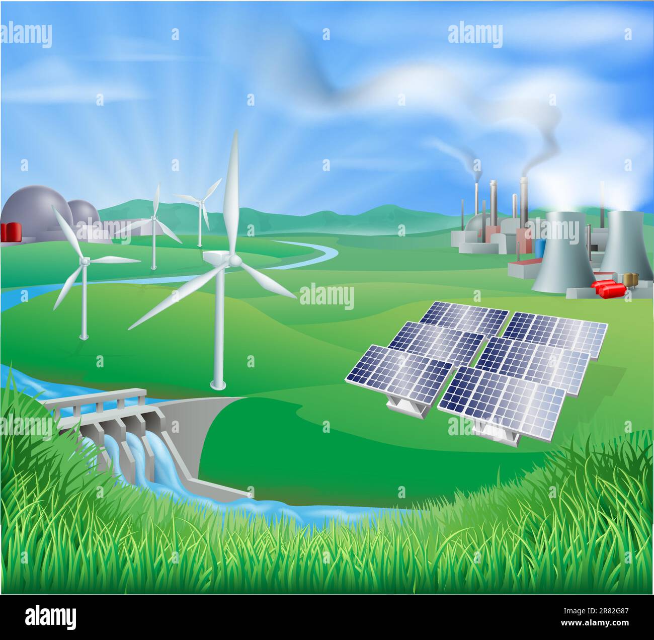 Illustrazione di molti tipi diversi di generazione di energia, tra cui nucleare, combustibile fossile o carbone, energia rinnovabile o fonte di energia sostenibile... Illustrazione Vettoriale