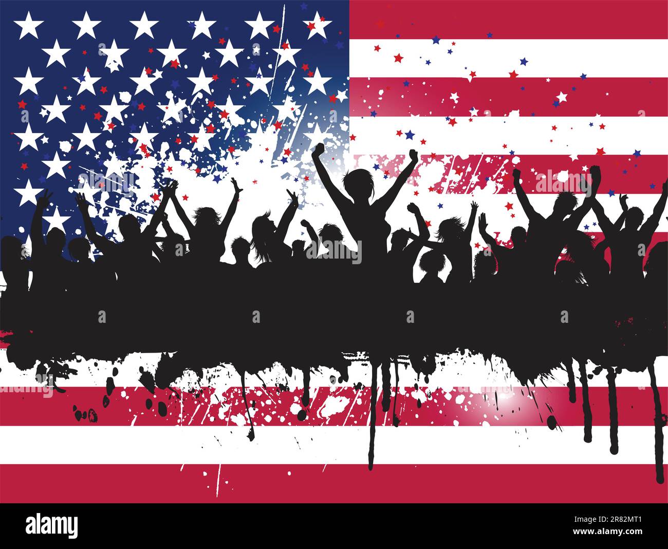 Silhouette di grunge entusiasta folla di partito su una bandiera americana sfondo Illustrazione Vettoriale