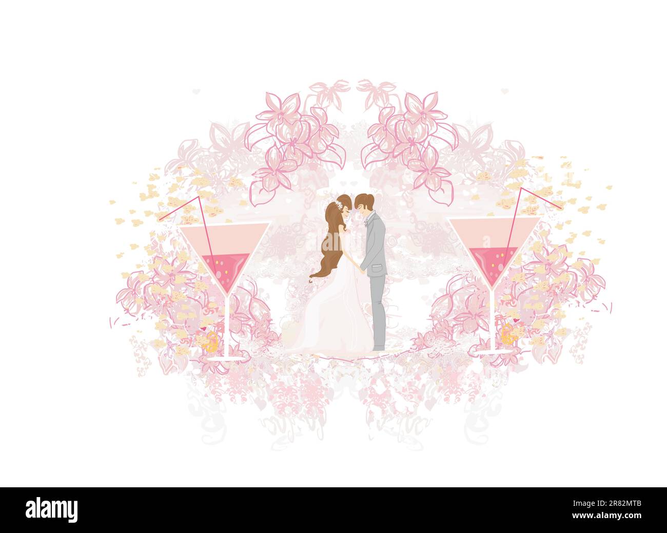 Elegante invito a nozze con coppie in viaggio di nozze Illustrazione Vettoriale Elegante invito a nozze con coppie in viaggio di nozze Illustrazione Vettoriale