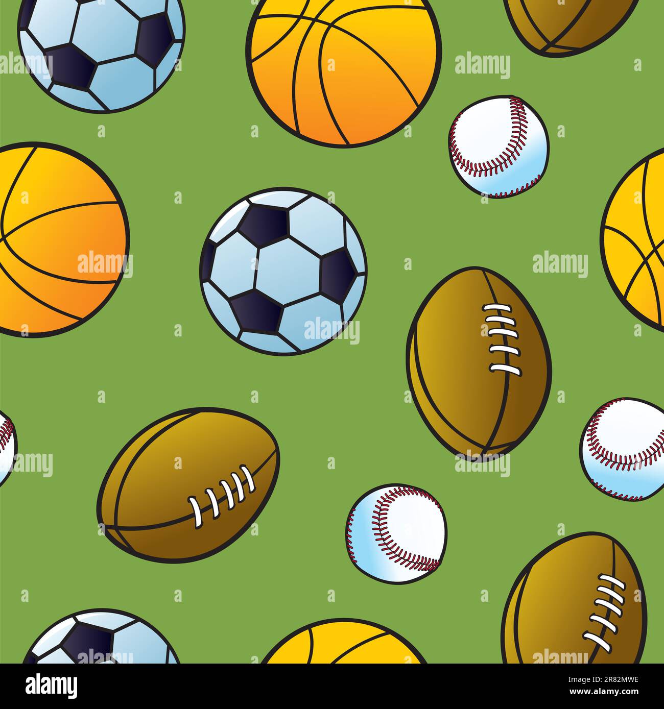 Palline da cartone animato senza cuciture di popolari sport di squadra su sfondo verde. Illustrazione Vettoriale