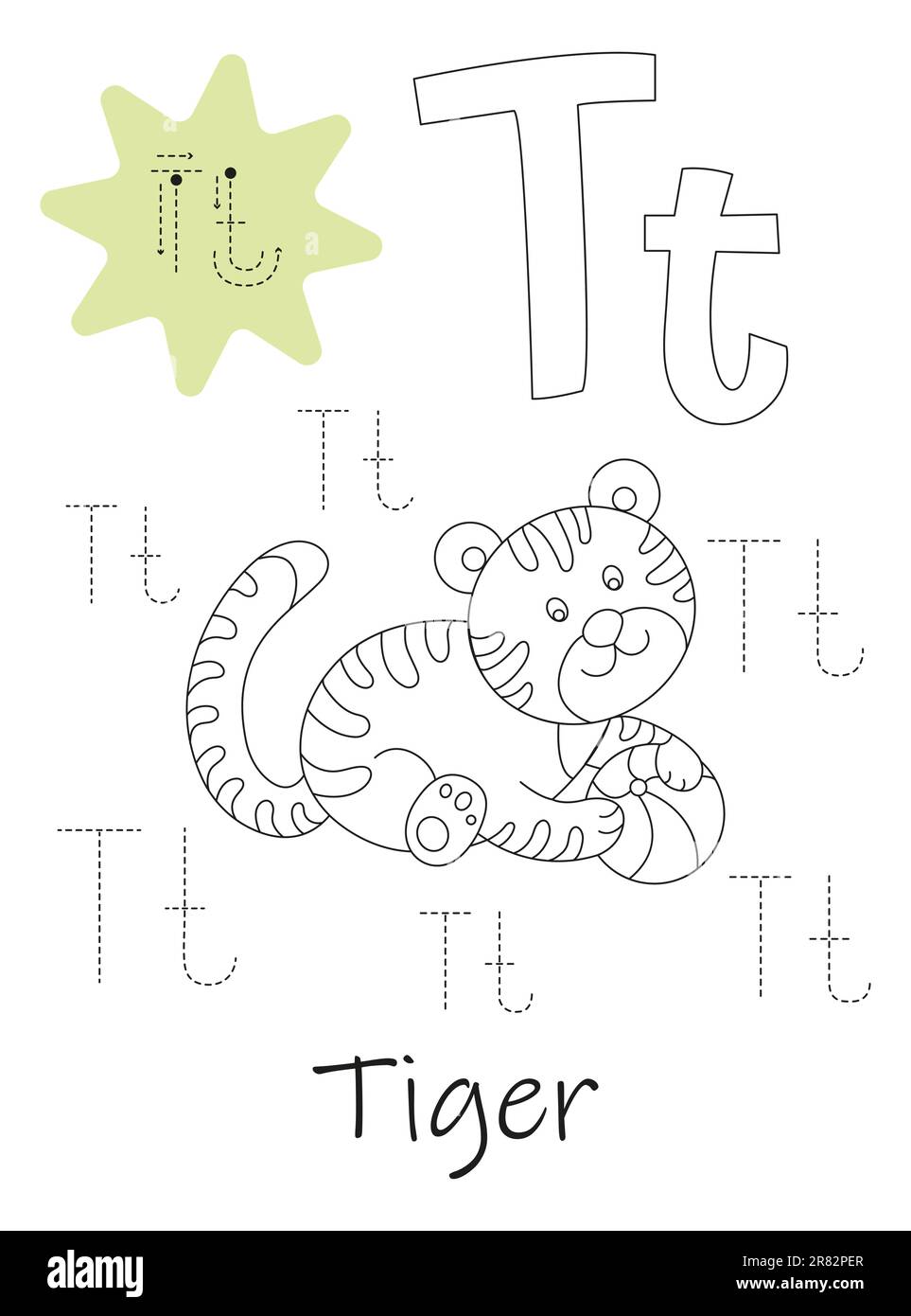 Libro da colorare - copybook per bambini. Lettera T. Illustrazione Vettoriale