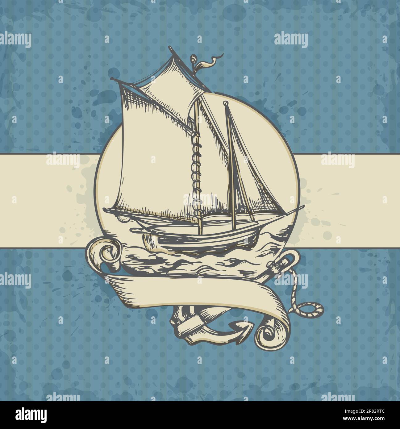 Vettore di vintage sfondo marino con nave a vela Illustrazione Vettoriale