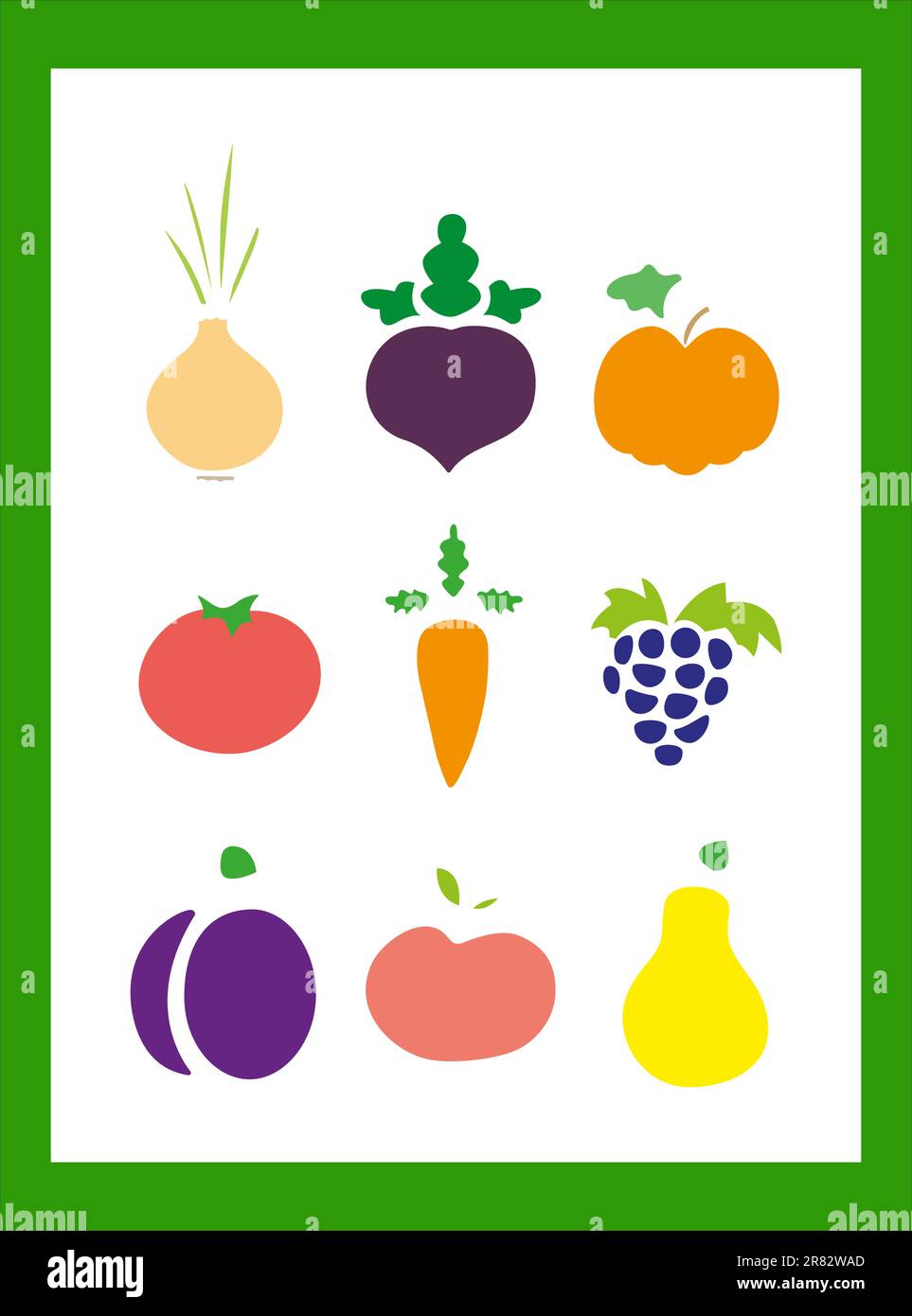 Set di icone piatte di frutta e verdura con disegno con linee nere su sfondo bianco Illustrazione Vettoriale