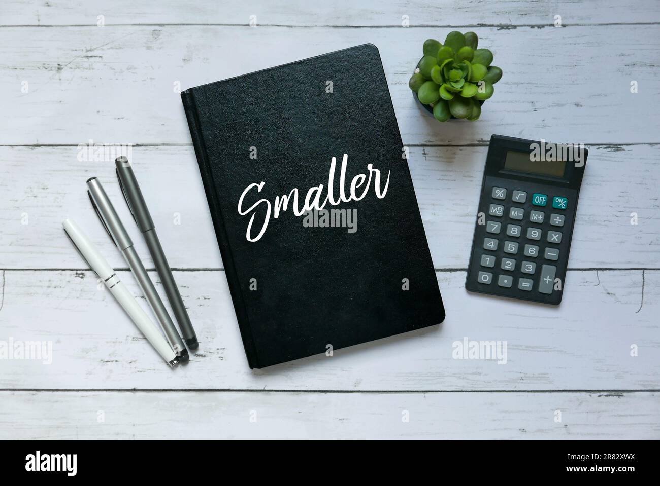 Business and finance concept.Vista dall'alto di pianta, calcolatrice, penna e notebook scritti con più piccolo. Foto Stock