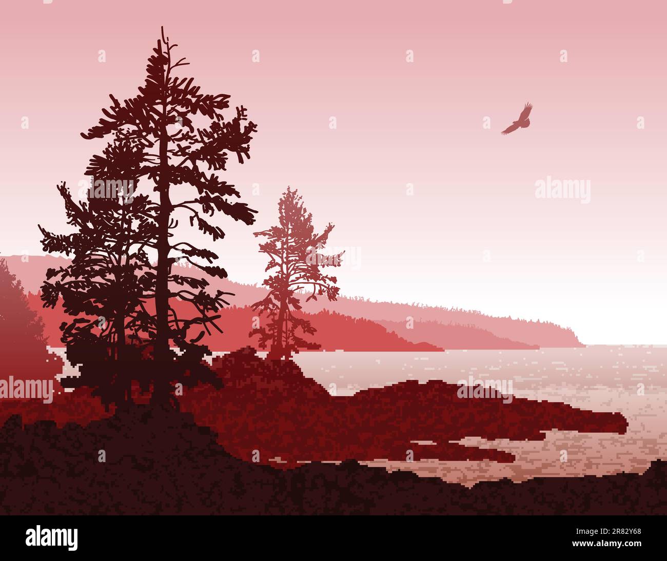 Illustrazione suggestiva dell'aspra costa occidentale dell'isola di Vancouver Illustrazione Vettoriale