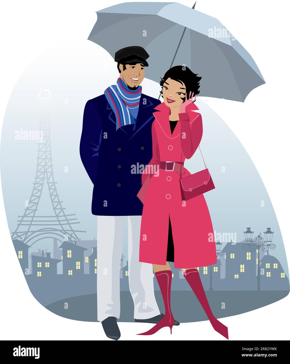 Illustrazione vettoriale di una coppia con ombrello nella città vecchia Illustrazione Vettoriale