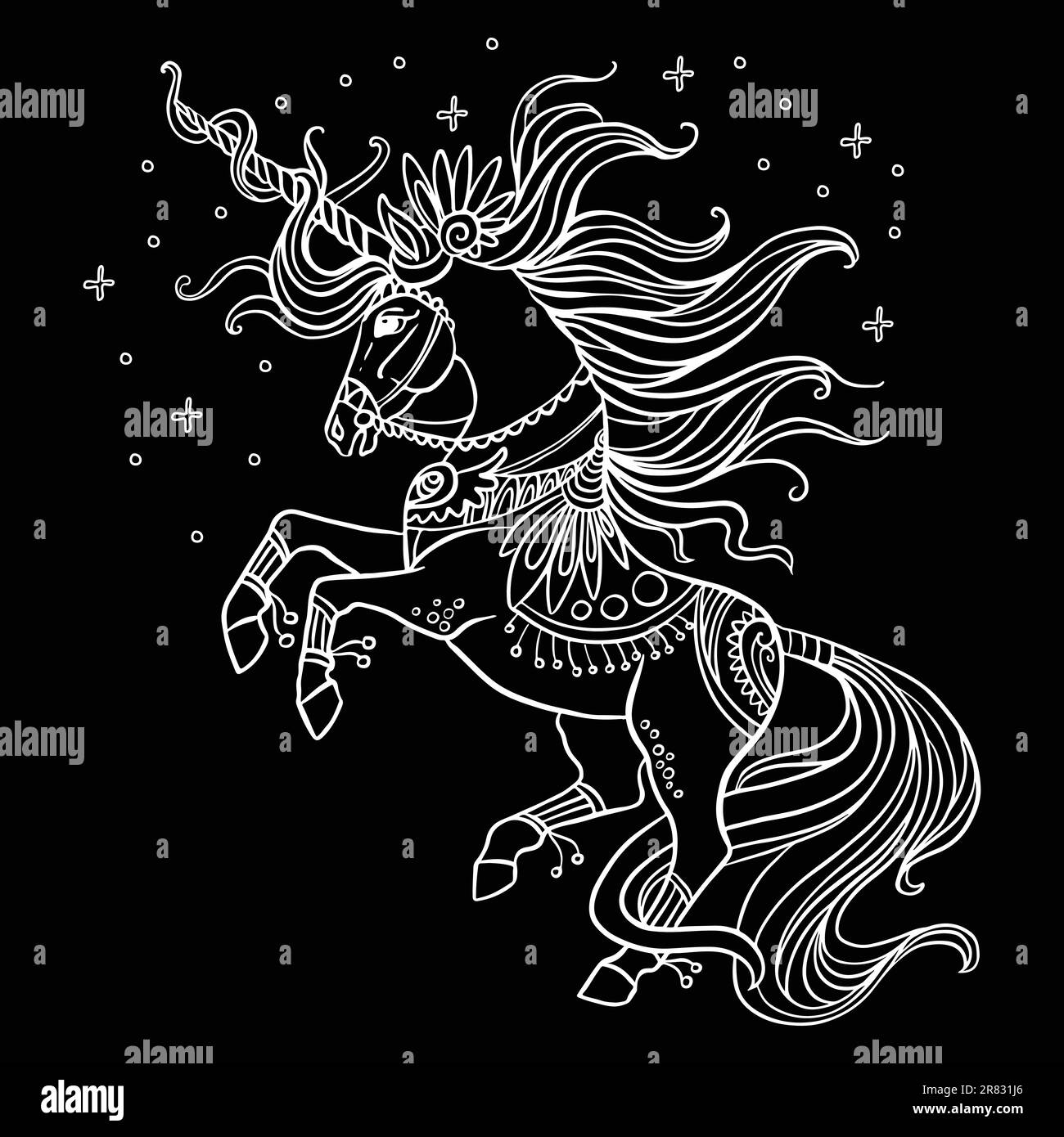 Unicorno decorativo con stelle. Cavallo magico astratto vettore illustrazione contorno bianco isolato su sfondo nero. Per colorare, incisioni, design Illustrazione Vettoriale