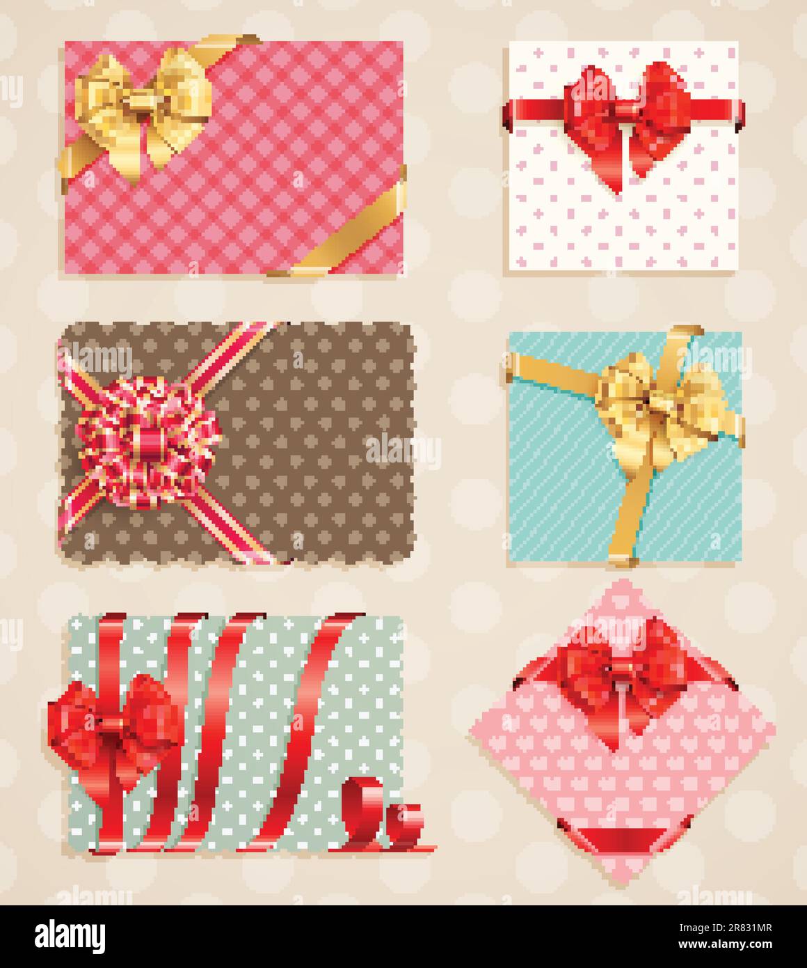 Bows Collection con biglietti d'auguri vintage. Illustrazione vettoriale. Illustrazione Vettoriale