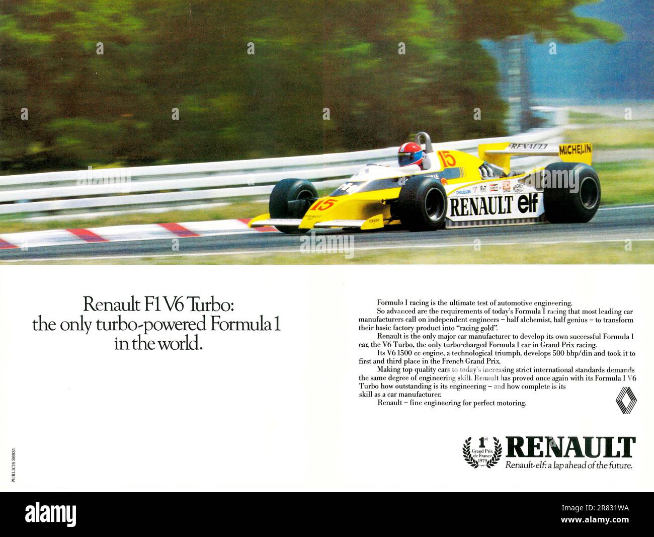 Renault F1 V6 Turbo annuncio in una rivista Natgeo ottobre 1979 l'unica Formula 1 turbo al mondo campagna. Foto Stock