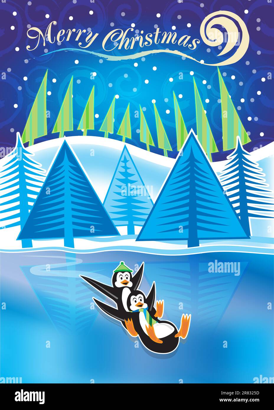 Una scena invernale innevata con pinguini che scivolano sul ghiaccio Illustrazione Vettoriale