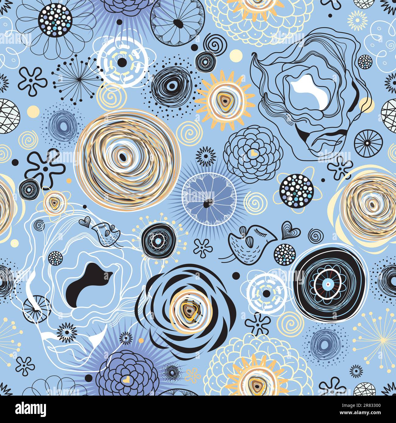 motivo grafico astratto senza interruzioni con uccelli sullo sfondo lilla Illustrazione Vettoriale