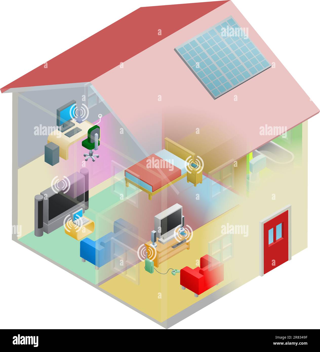 Una casa ad internet con rete wireless e i dispositivi di calcolo collegato in un gruppo home network di area locale. Illustrazione Vettoriale