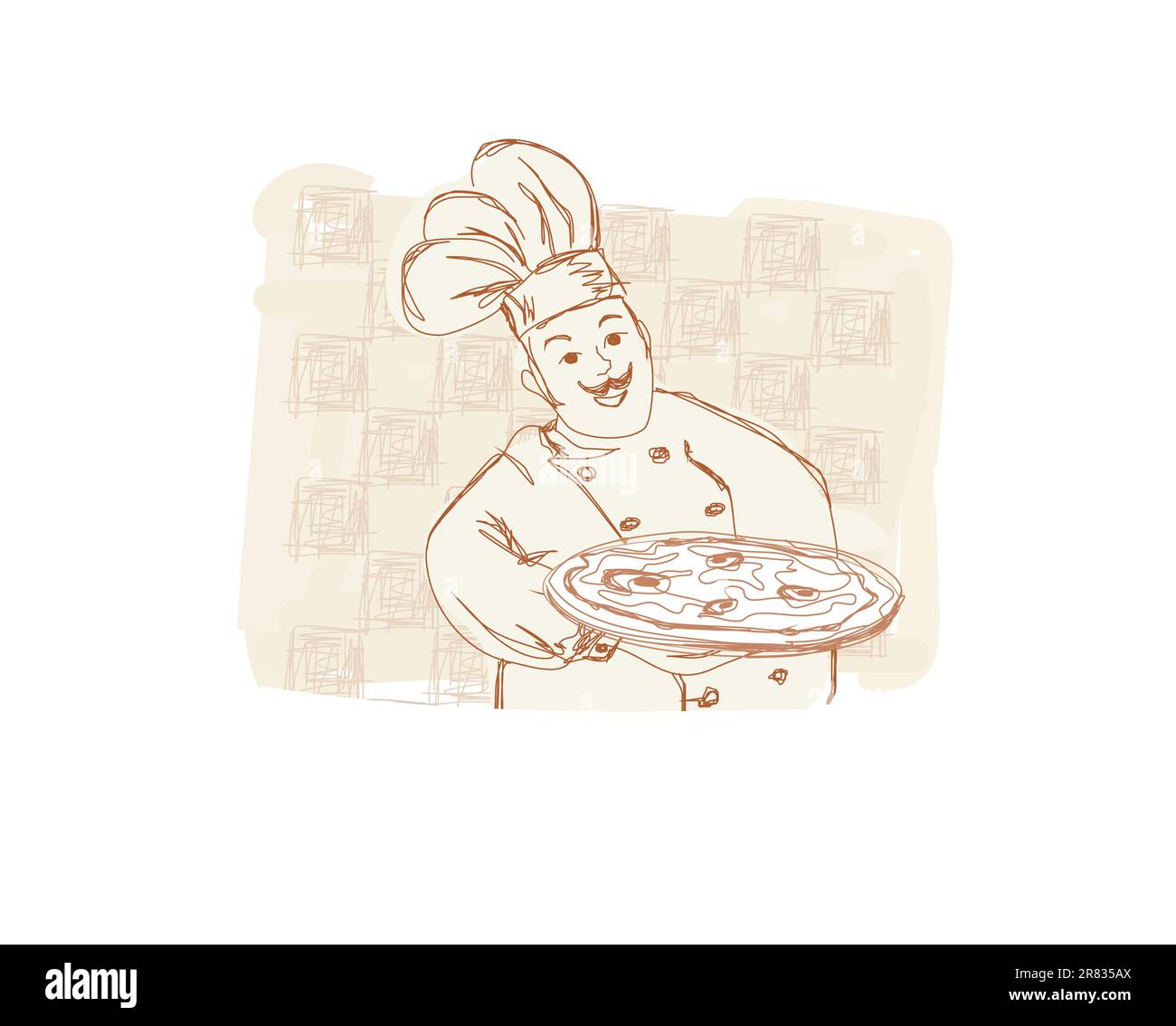 Lo chef con pizza - doodle illustrazione Illustrazione Vettoriale