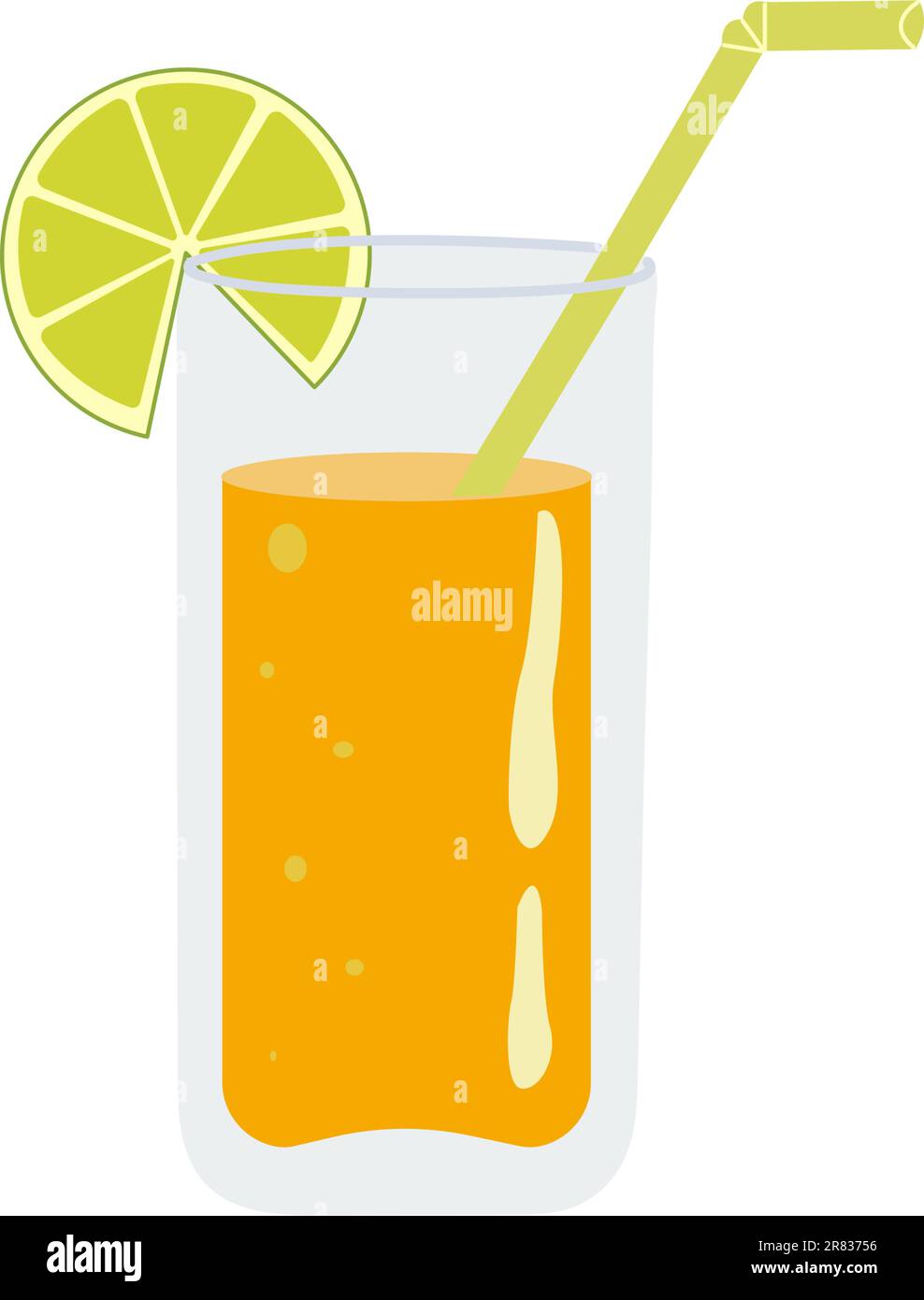 Immagine grafica vettoriale del succo d'arancia in un bicchiere con cannuccia. Illustrazione Vettoriale