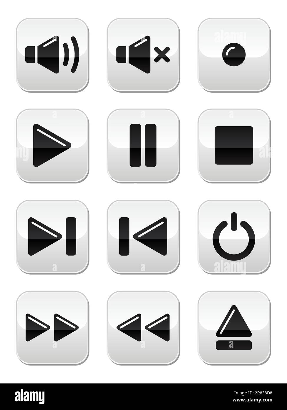 Pulsanti audio/multimediali lucidi con icone audio, riproduzione e altoparlanti Illustrazione Vettoriale
