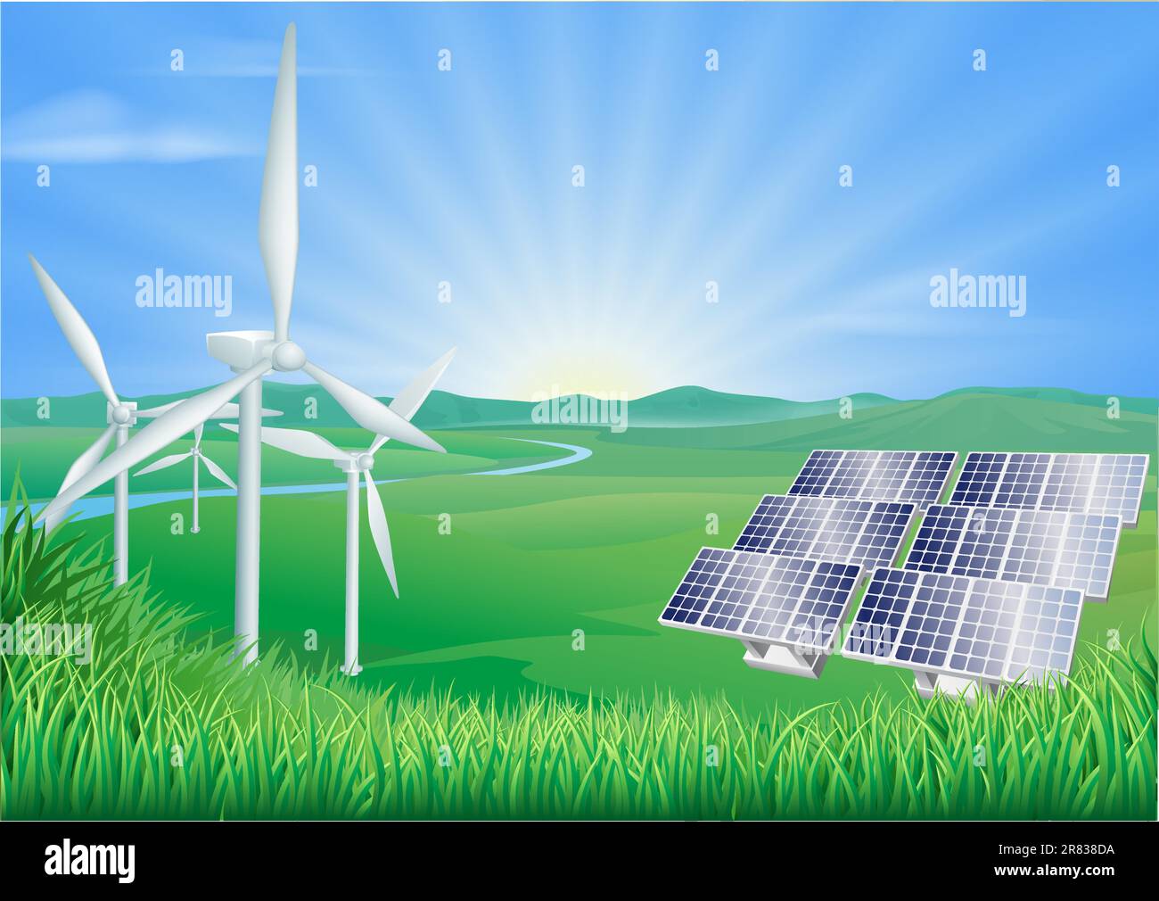 Illustrazione di turbine eoliche e pannelli solari di generazione di energia rinnovabile Illustrazione Vettoriale