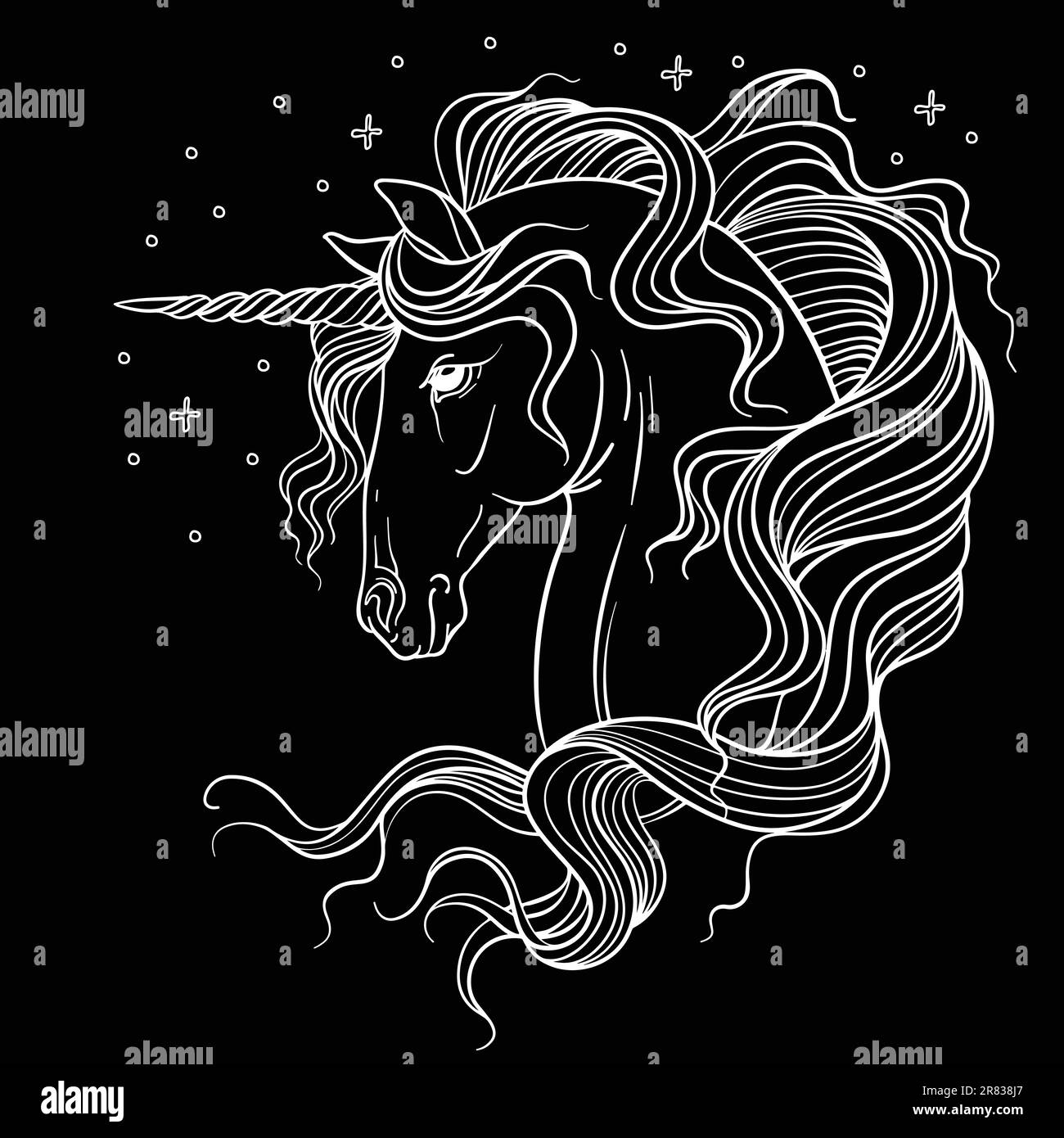 Profilo decorativo di unicorno. Ritratto magico di cavallo astratto vettore illustrazione contorno bianco isolato su sfondo nero. Per la colorazione, incisione Illustrazione Vettoriale