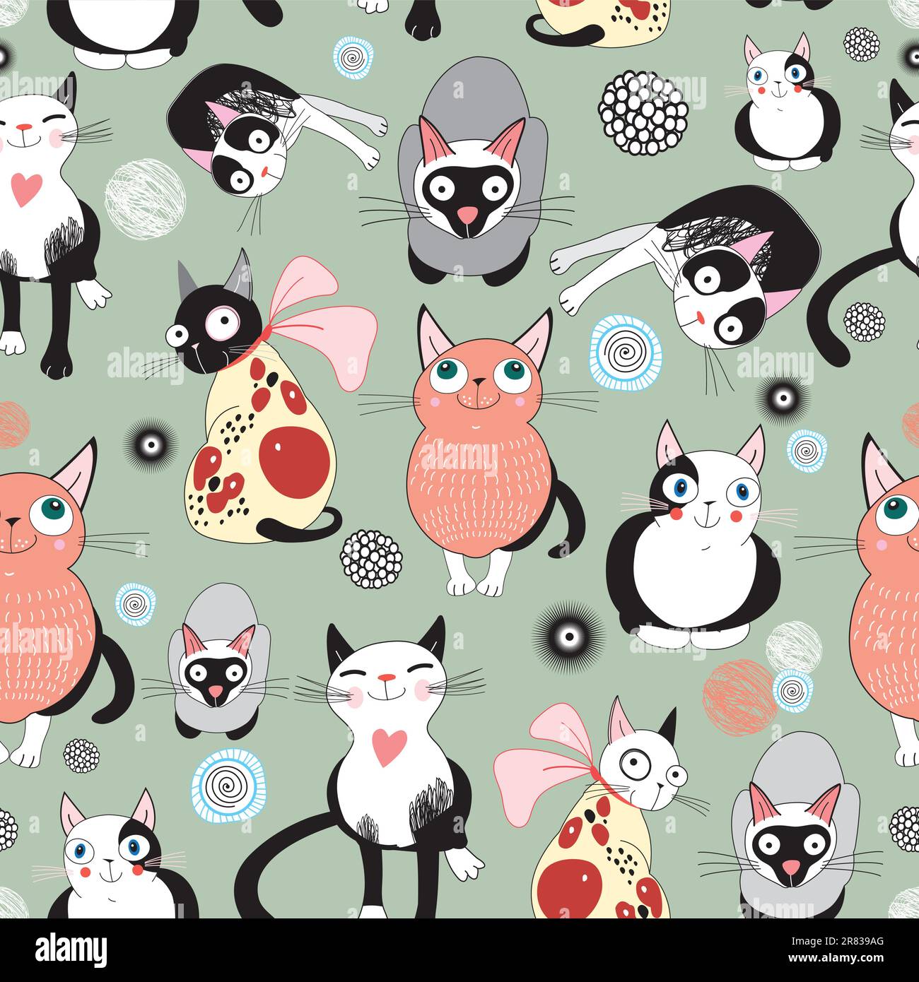 modello senza cuciture di gatti vivaci e divertenti su sfondo verde Illustrazione Vettoriale