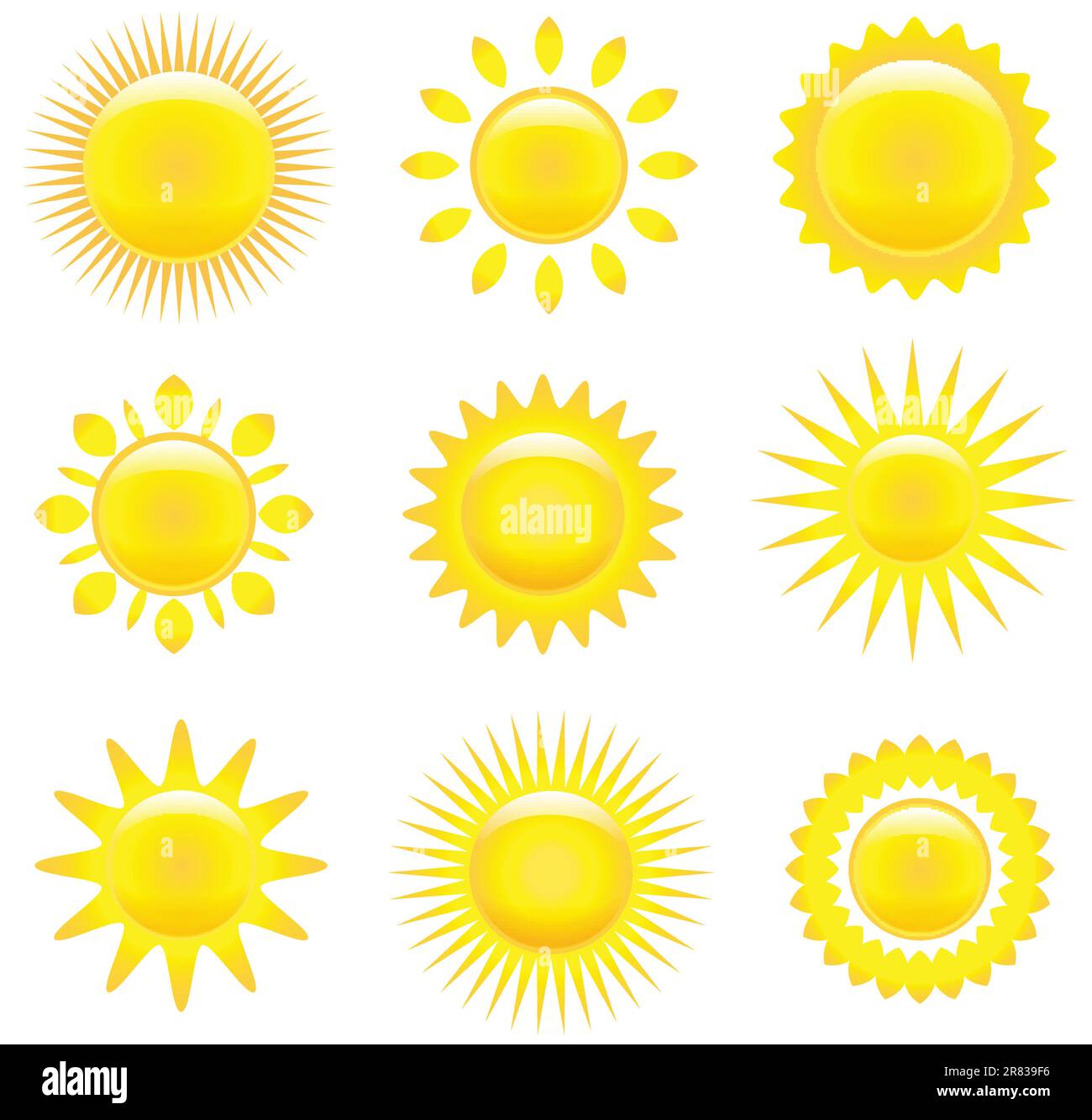 Set vettoriale di soli lucidi gialli. Illustrazione Vettoriale